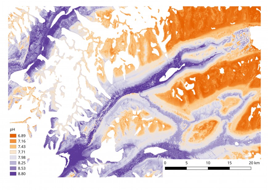 Figure 2: Efforts towards a digital soil map of pH in the McMurdo Dry Valleys: detail over the Wright Valley. Ice-covered areas have been masked out.