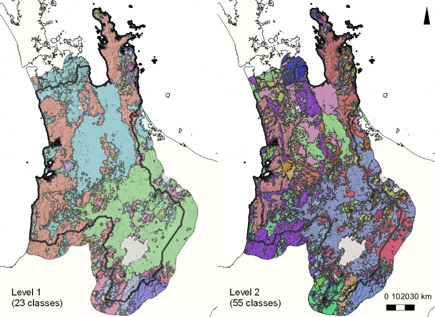 Figure 1: Two levels of proposed soilscapes for the Waikato Region, North Island. Level 2 soilscapes are spatially nested inside Level 1 soilscapes. Coloured zones represent different soilscapes.