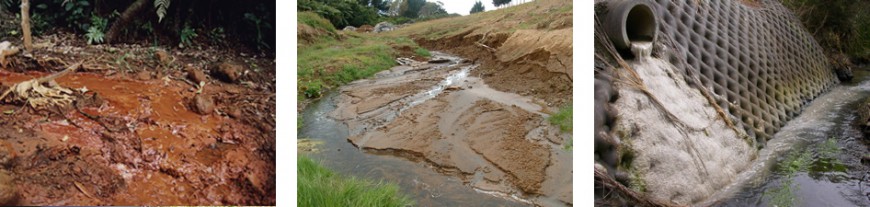 Streams with deteriorating or very poor quality invertebrate communities. Left to right: Stream contaminated by rubbish-tip leachate, Farm erosion causing sedimentation, Concrete wash discharge.